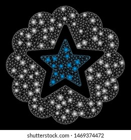 Glowing mesh premium with glare effect. Abstract illuminated model of premium icon. Shiny wire carcass polygonal mesh premium. Vector abstraction on a black background.