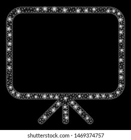 Glowing mesh presentation screen with sparkle effect. Abstract illuminated model of presentation screen icon. Shiny wire carcass polygonal mesh presentation screen.