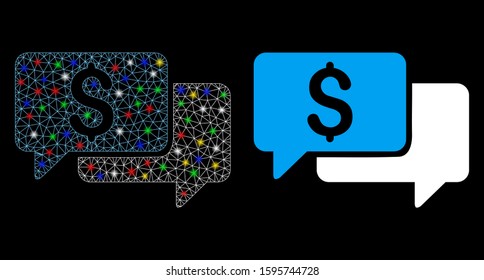 Glowing mesh price bids icon with lightspot effect. Abstract illuminated model of price bids. Shiny wire frame polygonal mesh price bids icon. Vector abstraction on a black background.