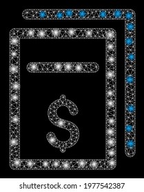 Glowing mesh price copy with glow effect. Abstract illuminated model of price copy icon. Shiny wire carcass triangular network price copy. Vector abstraction on a black background.