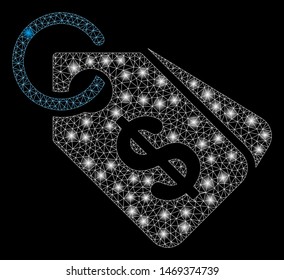 Glowing mesh price tags with sparkle effect. Abstract illuminated model of price tags icon. Shiny wire carcass triangular mesh price tags. Vector abstraction on a black background.