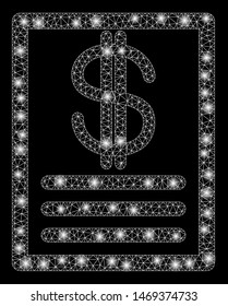 Glowing mesh price-list with glitter effect. Abstract illuminated model of price-list icon. Shiny wire frame polygonal mesh price-list. Vector abstraction on a black background.