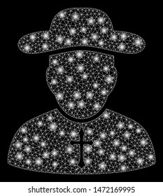 Glowing mesh priest with glitter effect. Abstract illuminated model of priest icon. Shiny wire carcass polygonal mesh priest. Vector abstraction on a black background.