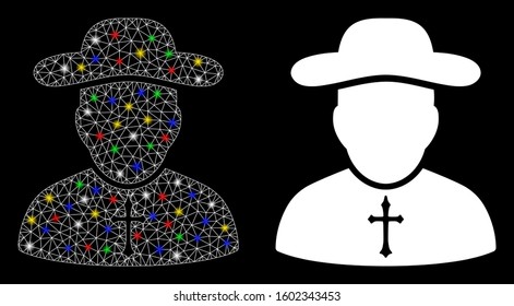 Glowing mesh priest icon with lightspot effect. Abstract illuminated model of priest. Shiny wire frame polygonal mesh priest icon. Vector abstraction on a black background.