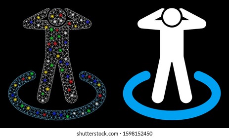 Glowing mesh prisoner icon with sparkle effect. Abstract illuminated model of prisoner. Shiny wire frame triangular network prisoner icon. Vector abstraction on a black background.