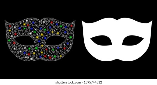 Glowing mesh privacy mask icon with glare effect. Abstract illuminated model of privacy mask. Shiny wire frame polygonal mesh privacy mask icon. Vector abstraction on a black background.