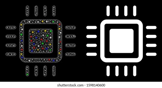 Glowing mesh processor icon with glow effect. Abstract illuminated model of processor. Shiny wire carcass polygonal mesh processor icon. Vector abstraction on a black background.