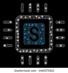 Glowing mesh processor price with glare effect. Abstract illuminated model of processor price icon. Shiny wire frame polygonal mesh processor price. Vector abstraction on a black background.
