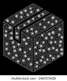 Glowing mesh product package box with lightspot effect. Abstract illuminated model of product package box icon. Shiny wire frame polygonal mesh product package box.