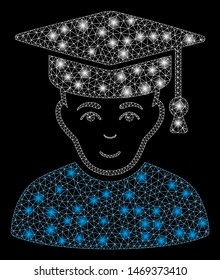 Glowing mesh professor with sparkle effect. Abstract illuminated model of professor icon. Shiny wire frame triangular mesh professor. Vector abstraction on a black background.