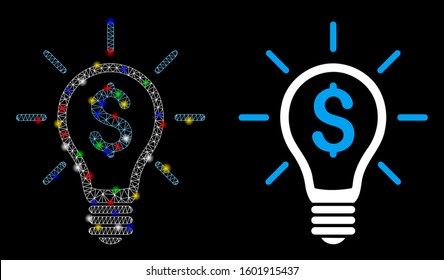 Glowing mesh profitable invention icon with glow effect. Abstract illuminated model of profitable invention. Shiny wire carcass polygonal mesh profitable invention icon.