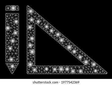Glowing mesh project design with glare effect. Abstract illuminated model of project design icon. Shiny wire frame triangular network project design. Vector abstraction on a black background.