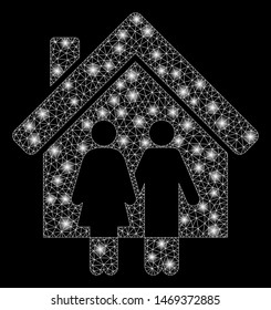 Glowing mesh property with glow effect. Abstract illuminated model of property icon. Shiny wire frame polygonal mesh property. Vector abstraction on a black background.