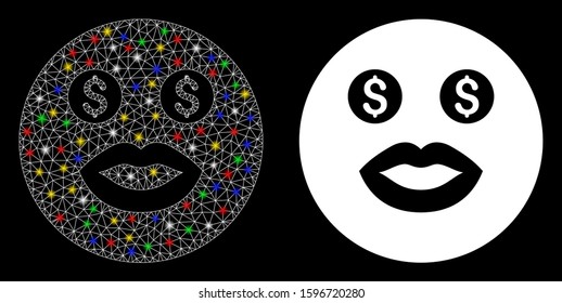 Glowing mesh prostitute smiley icon with glare effect. Abstract illuminated model of prostitute smiley. Shiny wire carcass triangular mesh prostitute smiley icon.