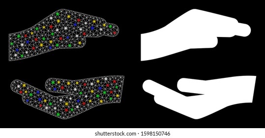 Glowing mesh protecting hands icon with glitter effect. Abstract illuminated model of protecting hands. Shiny wire frame polygonal mesh protecting hands icon. Vector abstraction on a black background.