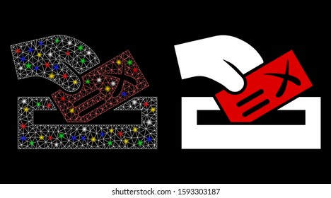 Glowing mesh protest poll icon with glow effect. Abstract illuminated model of protest poll. Shiny wire carcass polygonal mesh protest poll icon. Vector abstraction on a black background.