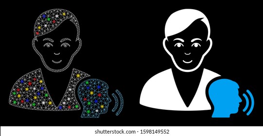 Glowing mesh psychoanalysis talking icon with glow effect. Abstract illuminated model of psychoanalysis talking. Shiny wire frame polygonal mesh psychoanalysis talking icon.