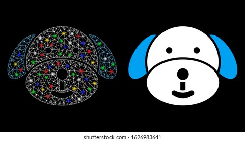 Glowing mesh puppy icon with sparkle effect. Abstract illuminated model of puppy. Shiny wire frame polygonal mesh puppy icon. Vector abstraction on a black background.