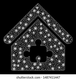 Glowing mesh puzzle building with lightspot effect. Abstract illuminated model of puzzle building icon. Shiny wire carcass triangular mesh puzzle building. Vector abstraction on a black background.