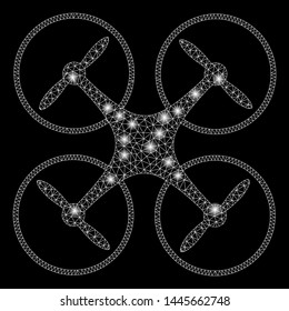 Glowing mesh quadcopter with glitter effect. Abstract illuminated model of quadcopter icon. Shiny wire carcass polygonal mesh quadcopter. Vector abstraction on a black background.