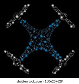 Glowing mesh quadcopter with sparkle effect. Abstract illuminated model of quadcopter icon. Shiny wire frame triangular mesh quadcopter. Vector abstraction on a black background.