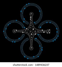 Glowing mesh quadrocopter with sparkle effect. Abstract illuminated model of quadrocopter icon. Shiny wire frame polygonal mesh quadrocopter. Vector abstraction on a black background.