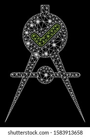 Glowing mesh quality confirmation with sparkle effect. Abstract illuminated model of quality confirmation icon. Shiny wire frame polygonal network quality confirmation.