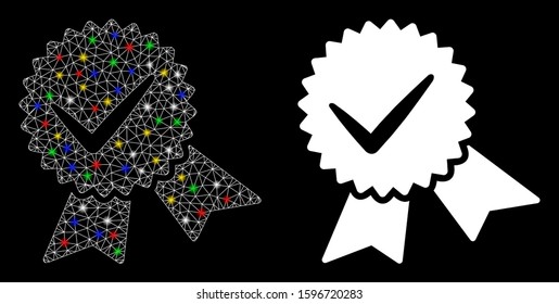 Glowing mesh quality icon with lightspot effect. Abstract illuminated model of quality. Shiny wire frame polygonal network quality icon. Vector abstraction on a black background.