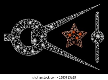 Glowing mesh quality inspection with glare effect. Abstract illuminated model of quality inspection icon. Shiny wire frame polygonal mesh quality inspection. Vector abstraction on a black background.