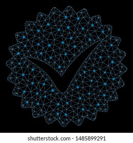 Glowing mesh quality with sparkle effect. Abstract illuminated model of quality icon. Shiny wire carcass triangular mesh quality. Vector abstraction on a black background.