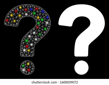 Glowing mesh question icon with sparkle effect. Abstract illuminated model of question. Shiny wire carcass polygonal mesh question icon. Vector abstraction on a black background.