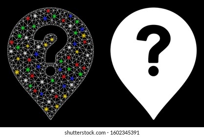 Glowing mesh question marker icon with lightspot effect. Abstract illuminated model of question marker. Shiny wire frame polygonal mesh question marker icon. Vector abstraction on a black background.