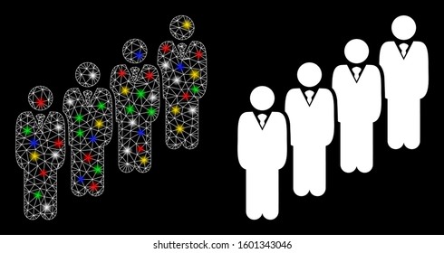 Glowing mesh queue icon with lightspot effect. Abstract illuminated model of queue. Shiny wire frame triangular mesh queue icon. Vector abstraction on a black background.