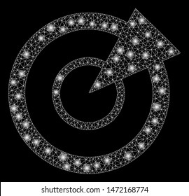 Glowing mesh radar with glitter effect. Abstract illuminated model of radar icon. Shiny wire frame polygonal mesh radar. Vector abstraction on a black background.