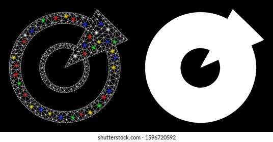Glowing mesh radar icon with glitter effect. Abstract illuminated model of radar. Shiny wire carcass polygonal network radar icon. Vector abstraction on a black background.