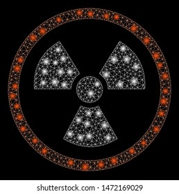 Glowing mesh radiation danger with glare effect. Abstract illuminated model of radiation danger icon. Shiny wire frame triangular mesh radiation danger. Vector abstraction on a black background.