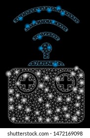 Glowing mesh radio control device with glow effect. Abstract illuminated model of radio control device icon. Shiny wire frame triangular mesh radio control device.