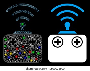 Glowing mesh radio control device icon with glare effect. Abstract illuminated model of radio control device. Shiny wire carcass polygonal mesh radio control device icon.