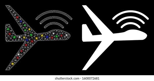 Glowing mesh radio control uav icon with lightspot effect. Abstract illuminated model of radio control uav. Shiny wire carcass triangular mesh radio control uav icon.