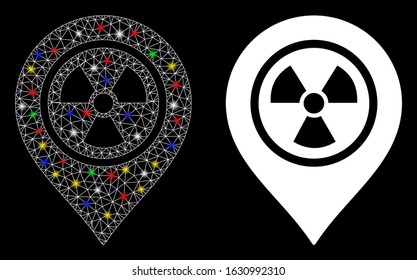 Glowing mesh radioactive marker icon with lightspot effect. Abstract illuminated model of radioactive marker. Shiny wire carcass triangular mesh radioactive marker icon.