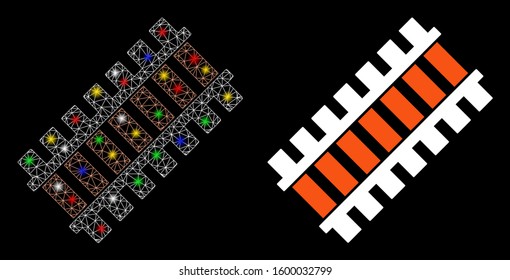 Glowing mesh railroad segment icon with lightspot effect. Abstract illuminated model of railroad segment. Shiny wire frame triangular mesh railroad segment icon.