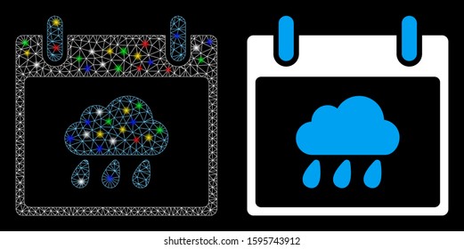 Glowing mesh rain cloud calendar day icon with glare effect. Abstract illuminated model of rain cloud calendar day. Shiny wire frame polygonal mesh rain cloud calendar day icon.