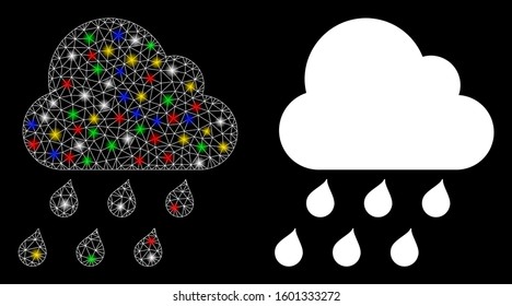 Glowing mesh rain cloud icon with glare effect. Abstract illuminated model of rain cloud. Shiny wire carcass polygonal mesh rain cloud icon. Vector abstraction on a black background.