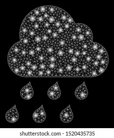 Glowing mesh rain cloud with sparkle effect. Abstract illuminated model of rain cloud icon. Shiny wire carcass triangular mesh rain cloud. Vector abstraction on a black background.