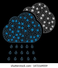 Glowing mesh rain clouds with glow effect. Abstract illuminated model of rain clouds icon. Shiny wire frame polygonal mesh rain clouds. Vector abstraction on a black background.