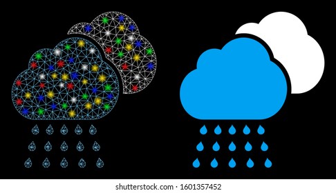 Glowing mesh rain clouds icon with lightspot effect. Abstract illuminated model of rain clouds. Shiny wire carcass polygonal mesh rain clouds icon. Vector abstraction on a black background.