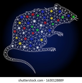Glowing mesh rat with glitter effect. Abstract illuminated model of rat. Shiny wire carcass polygonal mesh rat icon. Vector abstraction on a dark blue gradient background.