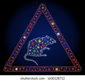 Glowing mesh rat warning with glitter effect. Abstract illuminated model of rat warning. Shiny wire frame polygonal mesh rat warning icon. Vector abstraction on a dark blue gradient background.