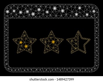 Glowing mesh rating with glare effect. Abstract illuminated model of rating icon. Shiny wire carcass polygonal mesh rating. Vector abstraction on a black background.