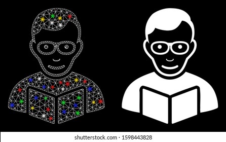 Glowing mesh reader icon with lightspot effect. Abstract illuminated model of reader. Shiny wire carcass triangular mesh reader icon. Vector abstraction on a black background.